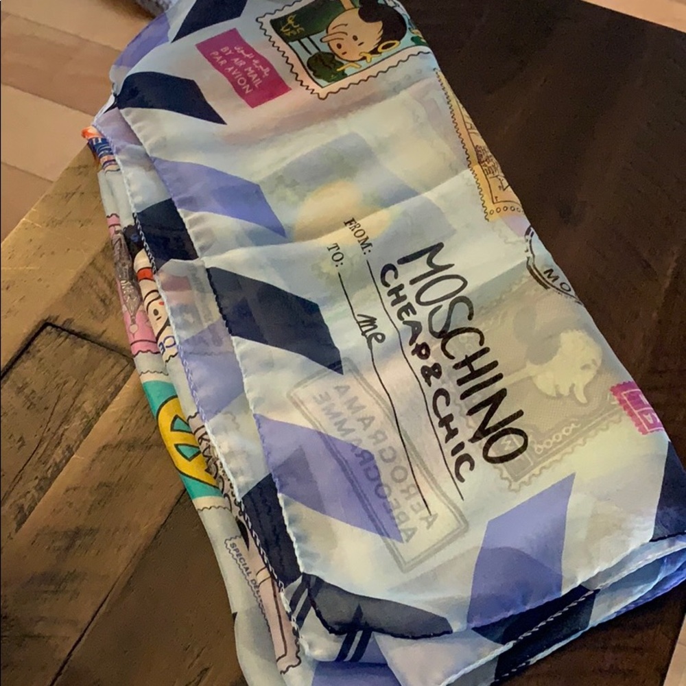 100% SILK MOSCHINO 50x164 OLIVE OYL SCARF, BLUE